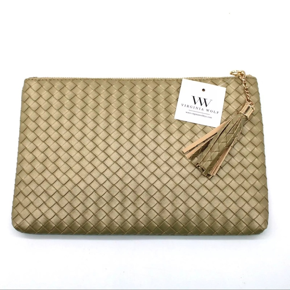 Virginia Wolf Gold Woven Faux Leather Make Up Bag/ Clutch w/ Tassel. New w/Tags